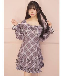 リボン＆フリル付きレース装飾チェックプリントワンピース　Suyunn(スユン)　《PINKorBLUE》