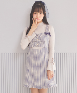 ベロアリボン付きハート飾り釦バックレースアップ千鳥柄ジャンパースカート  Suyunn(スユン)