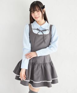 リボン付きラインレース装飾シャツ切り替えワンピース　Suyunn(スユン)