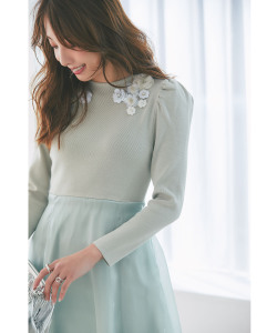 2月販売予定！入荷連絡受付中☆ウエストリボン付きフラワービジューニットドッキングワンピース《tocco closet luxe》《冨張愛さんコラボ》