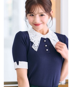 リボン風レース襟付きポロニットプルオーバー tocco closet(トッコクローゼット)《tocco closet luxe》※綺咲愛里さんはネイビー着用