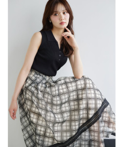 7月中旬～下旬販売予定！入荷連絡受付中☆バックレースアップ裾ラインレース切り替えシアーフロッキーチェックフレアスカート《tocco closet luxe》