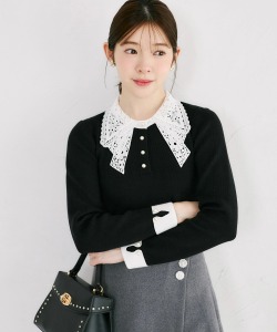 リボンレース襟付きパール釦ポロニットプルオーバー tocco closet(トッコクローゼット)