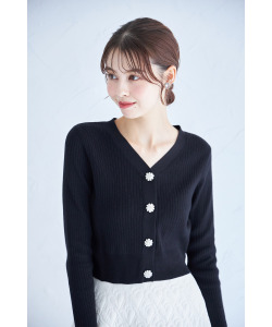 フラワービジュー付きショート丈リブニットカーディガン  12月29日(日)再販決定☆【amyura アミューラ】 tocco closet(トッコクローゼット)≪Gray×White Collection≫
