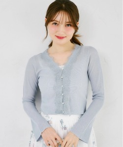 スパンコール入りレース装飾リブニットカーディガン  tocco closet(トッコクローゼット)　《tocco closet luxe》＊スペシャルプライス品につき返品/キャンセル/配送日指定不可/ラッピング不可/少量在庫のセールの為交換は出来かねる場合がございます。