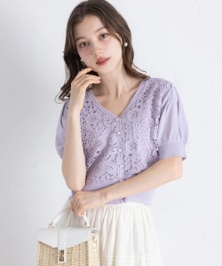 パール釦フラワーレース切り替えニットカーディガン【lozena ロゼーナ】 tocco closet(トッコクローゼット)