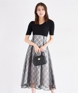 リブニット×スパンコールシアーチェックバックレースアップドッキングワンピース tocco closet  ＊スペシャルプライス品につき返品/キャンセル/配送日指定不可/ラッピング不可/少量在庫のセールの為交換は出来かねる場合がございます。