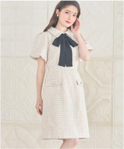２ＷＡＹリボン付きフェイクポケット装飾バルーンスリーブツイードワンピース【mirosa ミローザ】 tocco closet(トッコクローゼット)＊スペシャルプライス品につき返品/キャンセル/配送日指定不可/ラッピング不可/少量在庫のセールの為交換は出来かねる場合がございます。