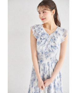 フリル付きパール装飾ウエストシャーリングフラワープリントプリーツワンピース【miuny ミウニー】 tocco closet(トッコクローゼット)