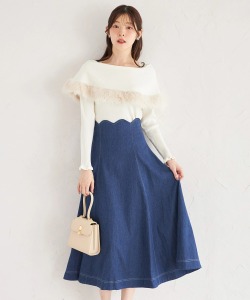 ステッチ入りウエストスカラップデニムフレアスカート 10月8日(水)再販決定☆【norabel ノラベル】  tocco closet(トッコクローゼット)《FruitCollection2025》