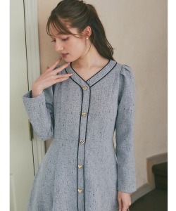 ハート飾り釦付き配色ライン入りツイードワンピース【paeonise パオニス】 tocco closet ＊スペシャルプライス品につき返品/キャンセル/配送日指定不可/ラッピング不可/少量在庫のセールの為交換は出来かねる場合がございます。