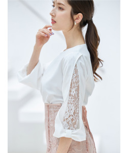 リボンモチーフ付き七分袖レース切り替えブラウス【rinora リノーラ】 tocco closet ≪Work Style≫ ※グレイッシュピンク少量の在庫確保による再販売の為、交換は出来かねる場合がございます。予めご了承ください。