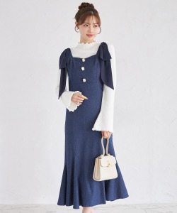 肩リボン付きフロントビジュー装飾デニムマーメイドジャンパースカート【rosalina ロザリナ】tocco closet(トッコクローゼット)