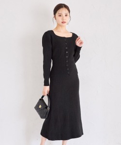 フロント釦ニットトップス×ニットフレアスカートセットアップ  11月29日(土)オフィシャルサイト限定ブラック再販☆【sylviane シルヴァイン】 tocco closet　※少量の在庫確保による再販売の為、交換は出来かねる場合がございます。予めご了承ください。