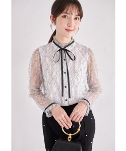 りぼん付き配色レースブラウス【varonia ヴァロニア】 tocco closet(トッコクローゼット)＊スペシャルプライス品につき返品/キャンセル/配送日指定不可/ラッピング不可/少量在庫のセールの為交換は出来かねる場合がございます。