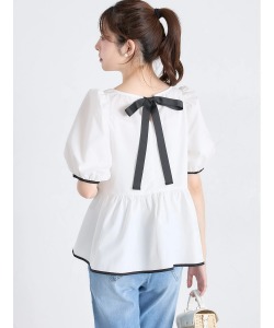 後ろグログランリボン付き配色パイピングペプラムブラウス 8月11日(月)オフィシャルサイト限定再販☆【vorelis ヴォレリス】 tocco closet(トッコクローゼット)　※少量の在庫確保による再販売の為、交換は出来かねる場合がございます。予めご了承ください。