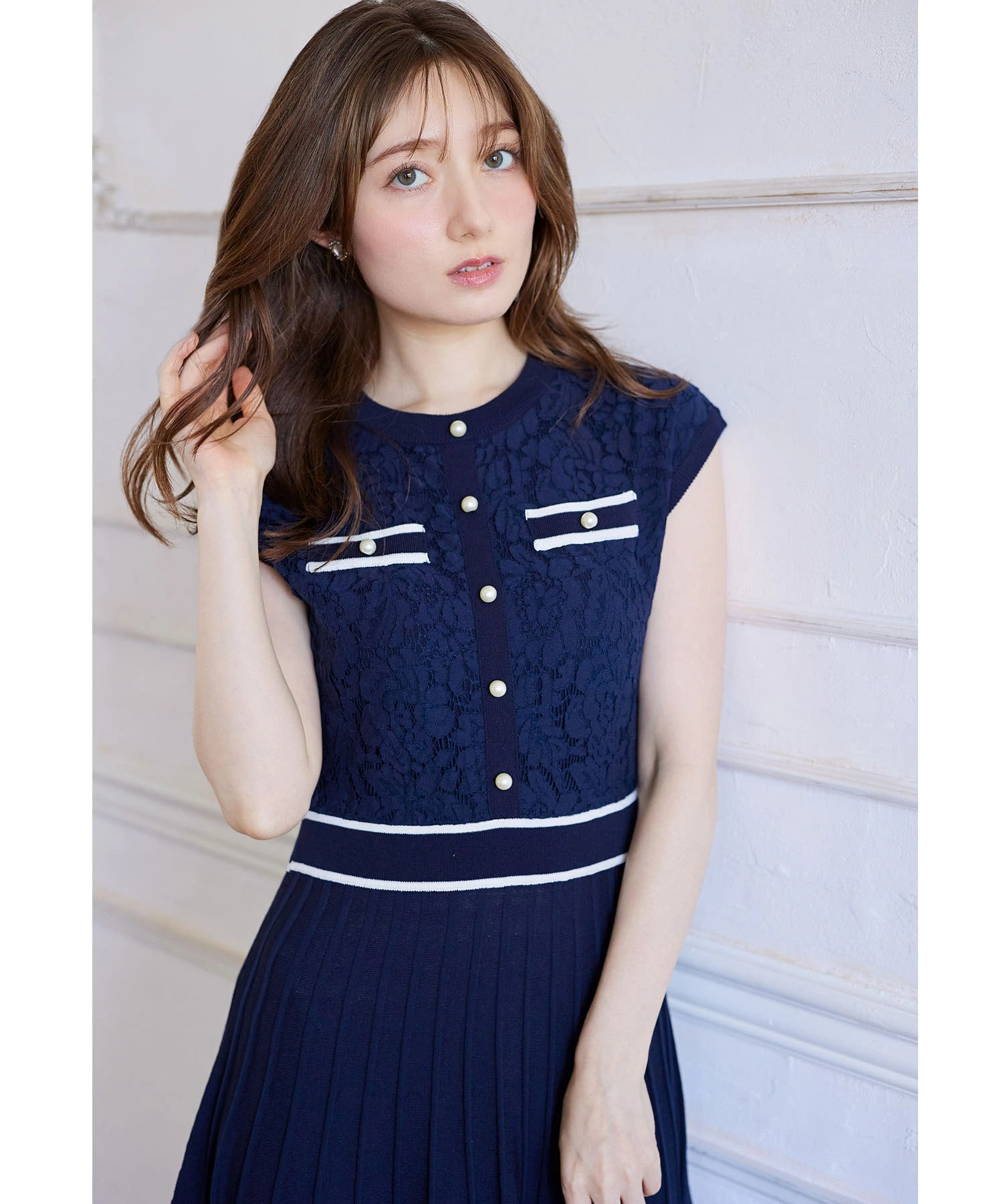 パール付きレース切り替えバイカラーニットワンピース【litange リタンジェ】 tocco closet(トッコクローゼット)　《More Elegant》
