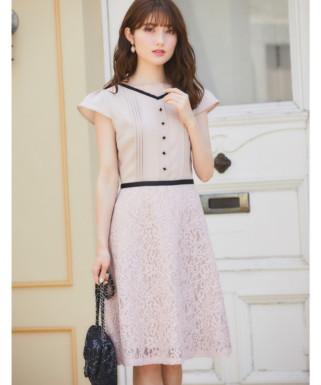 品良く決まる☆レース切替フラワー釦バイカラーワンピース 