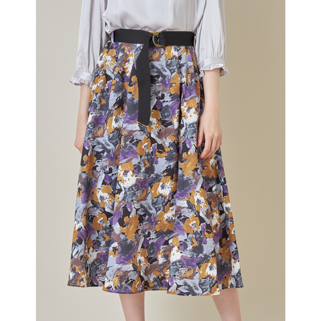 アートプリント フレアスカート ベルト付き