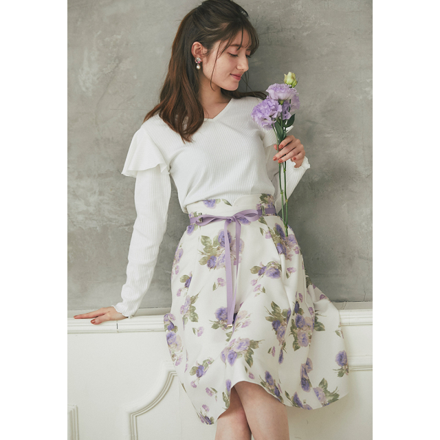 ブルマリンシルク100% 花柄シアーヒナゲシハルジオンフリルスカート