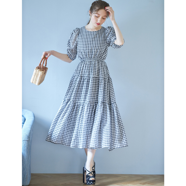 ギャザーボリュームスリーブシアーギンガムチェックティアードワンピース 