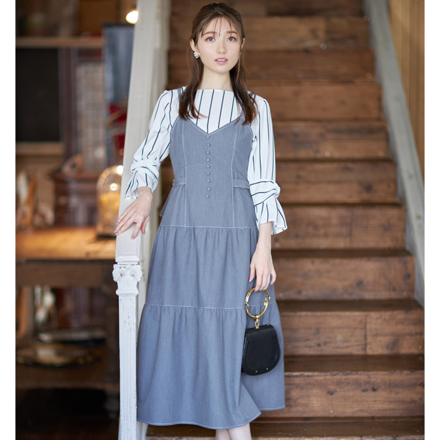 1枚で着映えるサイドベルトデニムライクティアードジャンパースカート  