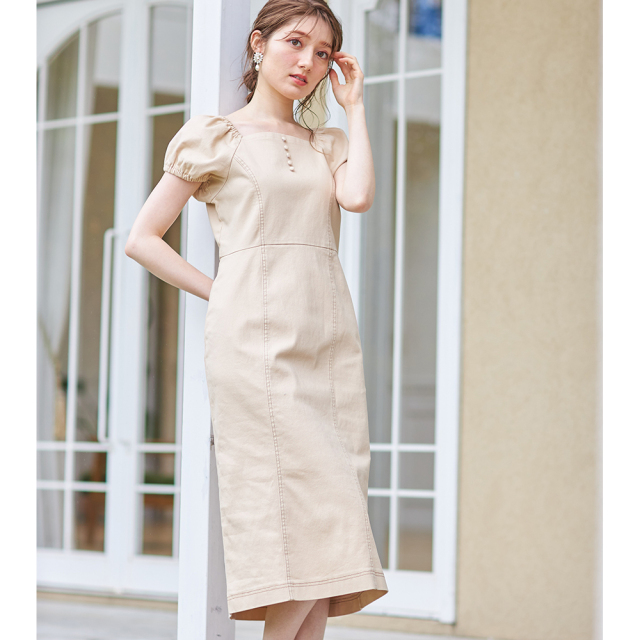 フロント飾り釦付きパフスリーブステッチ入りデニムワンピース