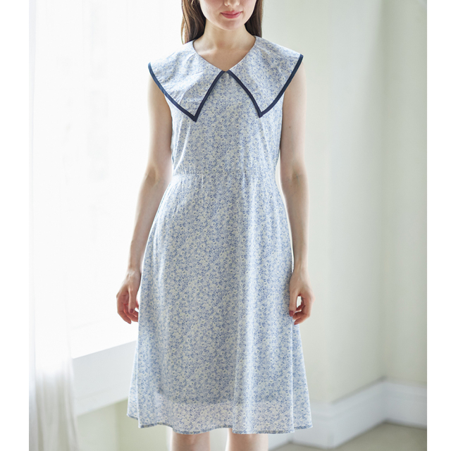 ウエストりぼん付きライン入りショールカラーフラワープリントワンピース