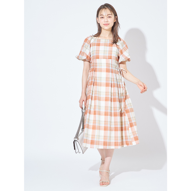サイドレースアップデザインボリュームスリーブチェック柄ワンピース