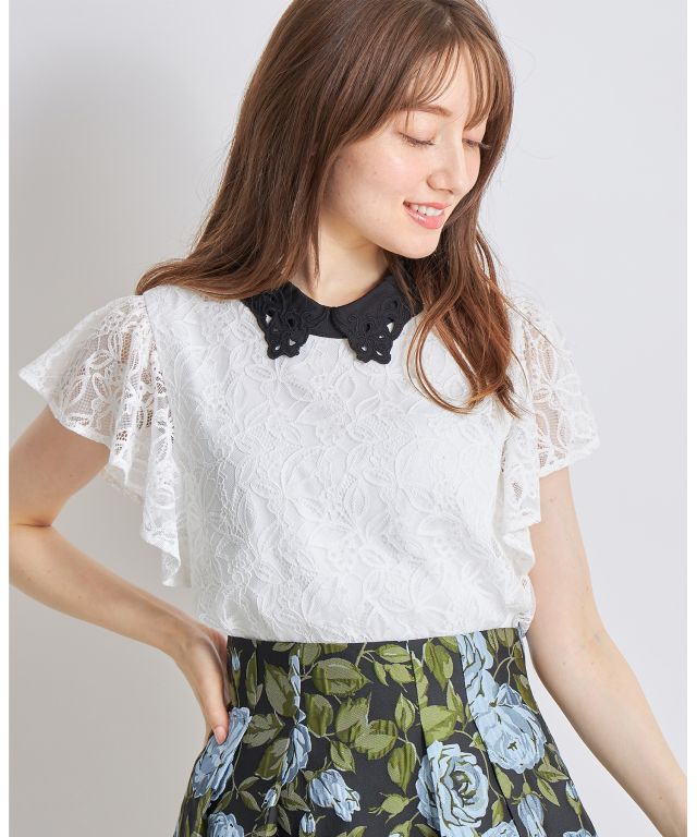 瞬時に鮮度UP！カットワーク刺?襟×レース切り替えバイカラーブラウス 
