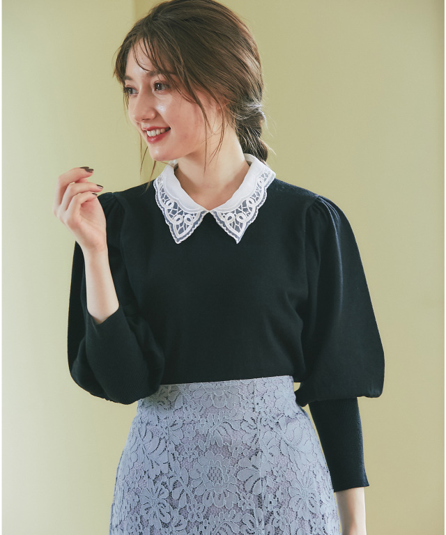 洗練の美人フォルム 取り外し可能なレース襟付きニットプルオーバー