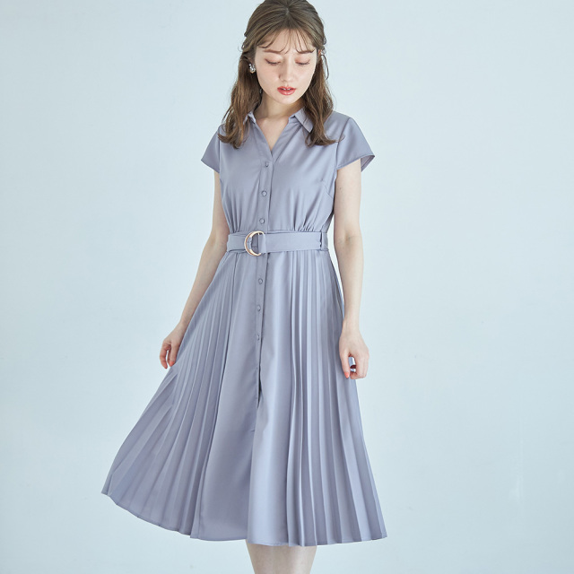 青 シャツワンピース 半袖 リボン付き 花柄刺繍 ウエストリボン シャツ