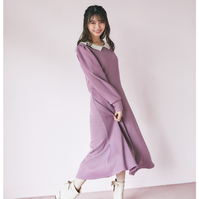 どんなシーンでも安心 きちんと可愛い 襟付きリブカットワンピース