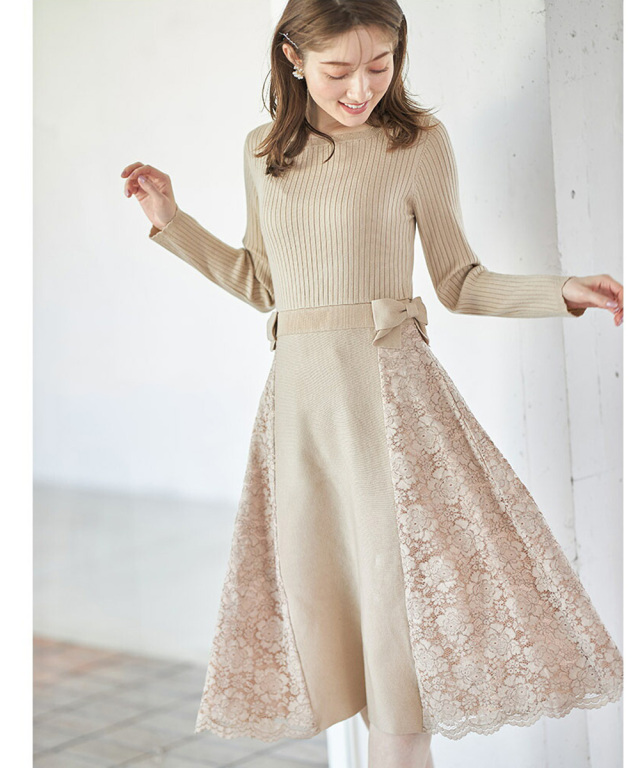 ベルパーチ Belpaci お花ドット綿ニットレース切替ワンピース 日本製  