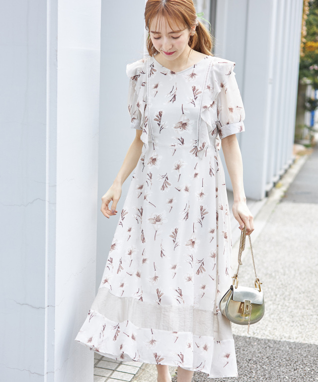 ハシゴレース装飾ラッフルフリルフラワープリント裾切り替えシフォン  