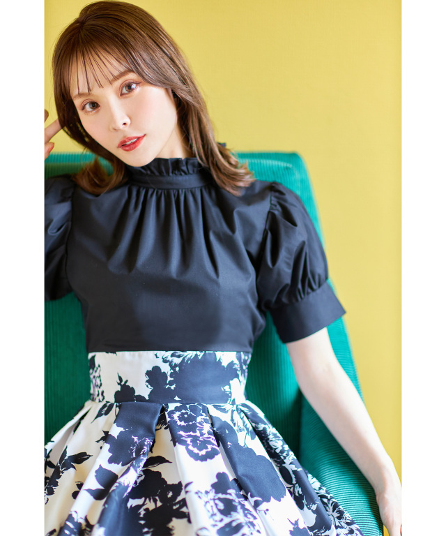 フリルハイネックフラワープリントドッキングワンピース≪@picaruuu  