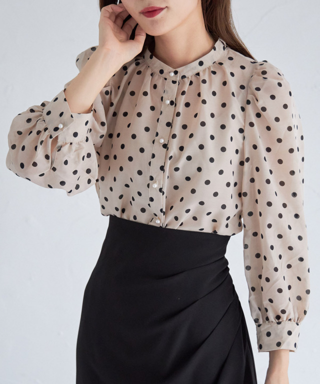 取り外し可能なボウタイリボン付きパール釦ドットブラウス 