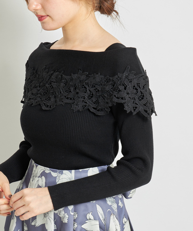 フラワーレース装飾オフショル風リブニットプルオーバー 