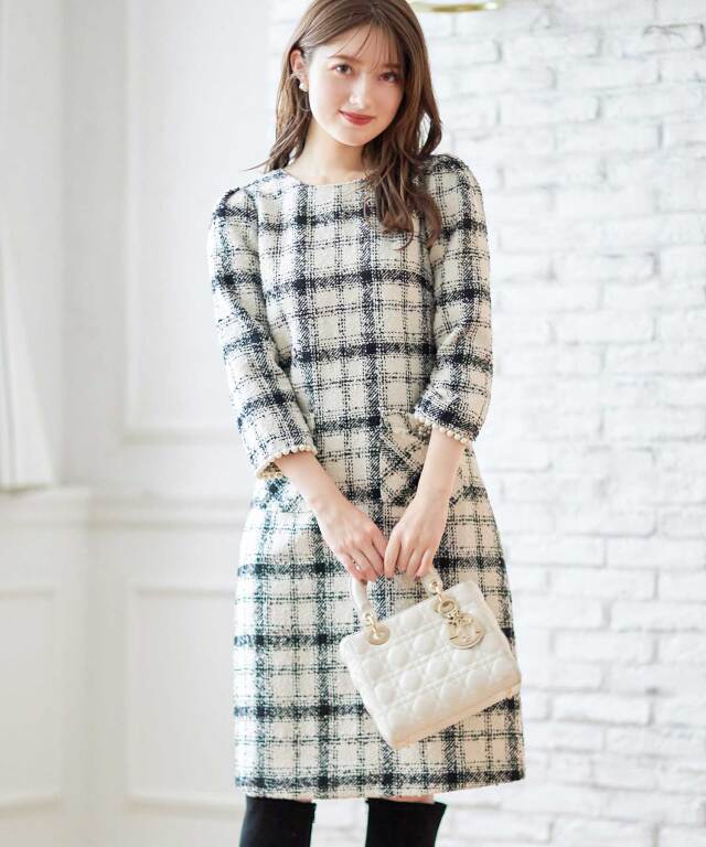 ポケット付きパール装飾チェック柄ツイードワンピース 
