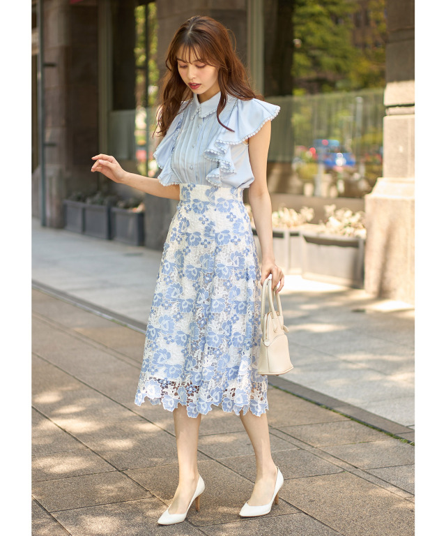 バックレースアップバイカラーフラワーレースフレアスカート 