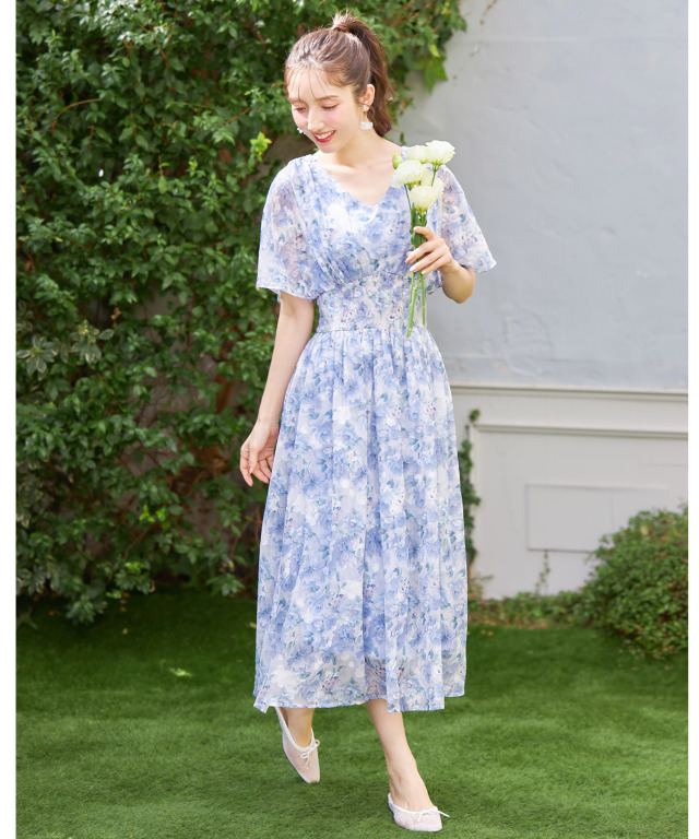 後ろリボン付きウエストシャーリングシアージャガードフラワーワンピース 