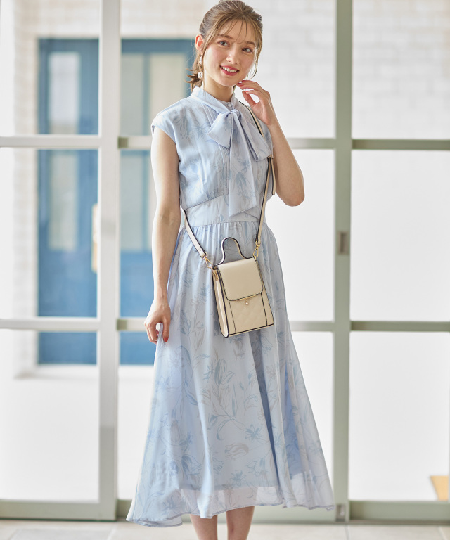 2WAYボウタイリボン付きウエストりぼんフラワープリントシアー  