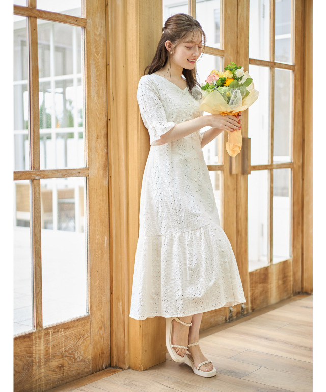 バックレースアップフロントボタンコットンレースワンピース≪@cherish  