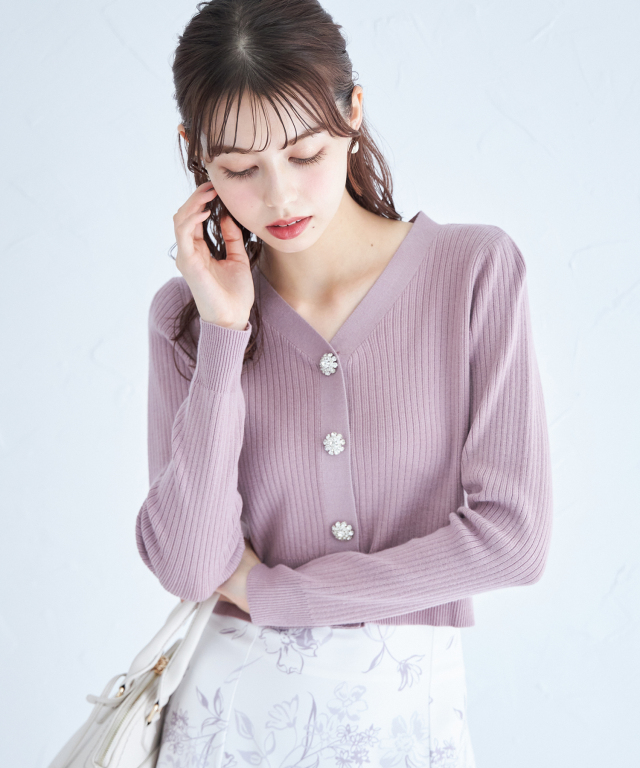 フラワービジュー付きショート丈リブニットカーディガン≪Gray×White