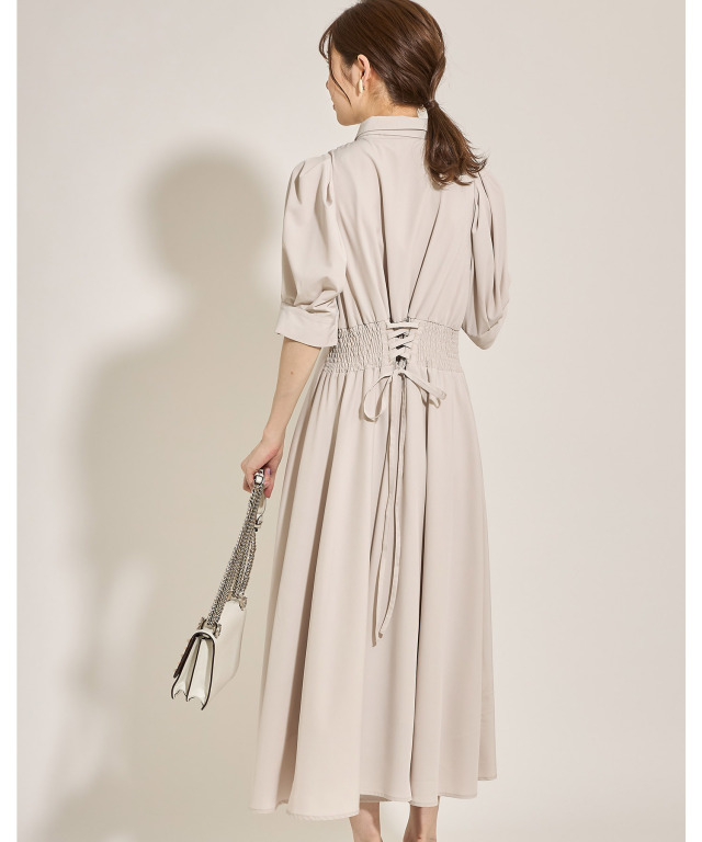 2WAYボウタイリボン付きウエストタックバックレースアップワンピース