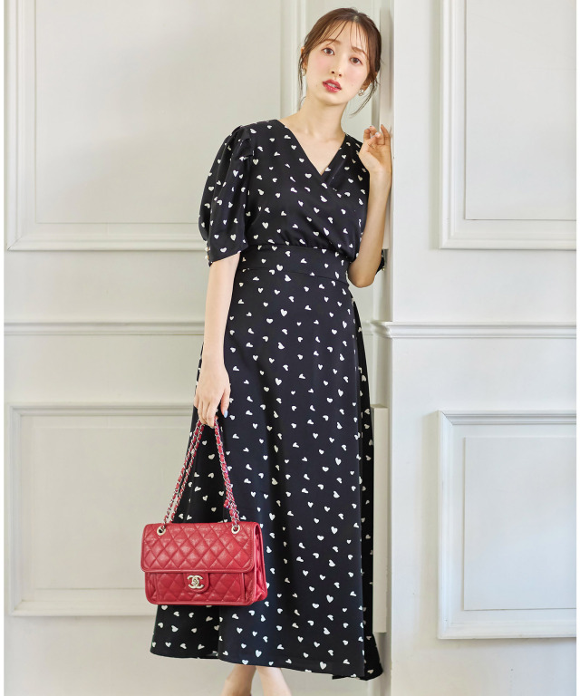 江口出品 ウエストりぼん付き袖口パール装飾ハートプリントカシュクール