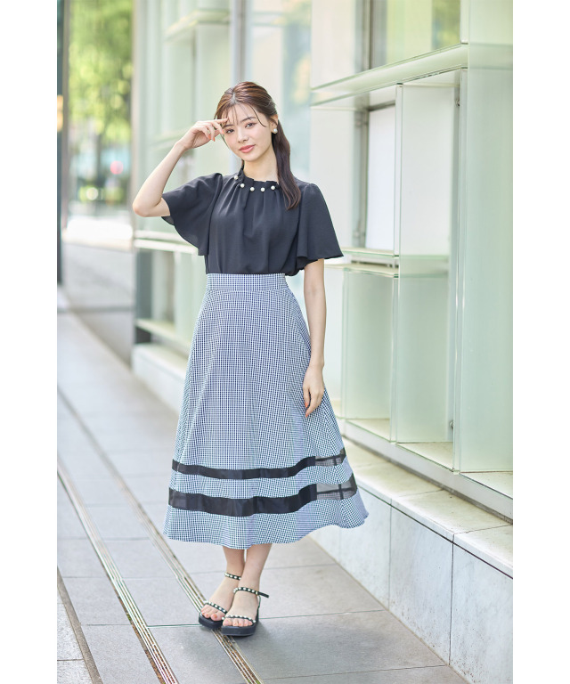 後ろリボン付きシアー切り替えチェック柄フレアスカート 