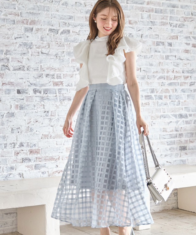 Drawer ドゥロワー チェックシアータックフレアースカート 36  