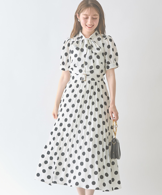 ベルト付きボウタイリボンポルカドットワンピース 