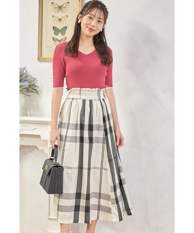 ウエストシャーリングチェックタフタフレアスカート 
